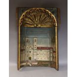 An Italian gilded and painted carved wood niche, 19th century, the Romanesque arched scroll with