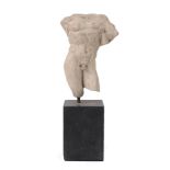 A Roman style carved marble male torso, 20th century, on square section marble plinth, 29cm high inc