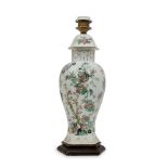 A Chinese porcelain hexagonal vase lamp, late 20th century, decorated with flowering blossoms, on