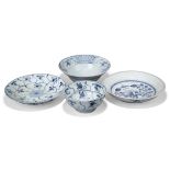 Four pieces of Chinese blue and white porcelain excavated from the Tek Sing cargo, 19th century,
