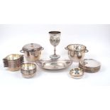 A collection of silver plated tableware comprising: a set of ten finger bowls with twin shell