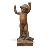 Max Blondat, French, 1879-1926, a terracotta model of young boy, depicted with arms aloft, signed