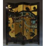 A Japanese four panel lacquer screen, 20th century, hand painted and carved incised design, each