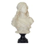 An Italian alabaster bust of a young lady, signed A Cipriani, c.1900, modelled wearing a headscarf