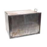 A steel box, 20th century, with two handles, fall-front door, hinged with additional chain link,