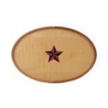 A modern satinwood and birch oval tray by Toby Winteringham, with parquetry star to centre in