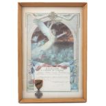 A framed French citation and Croix de Guerre with palm, presented to Lieutenant Hector Ernest