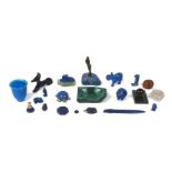 A collection of lapis lazuli and hardstone decorative objects, including: a carved lapis lazuli
