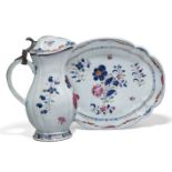 A Chinese export porcelain famille rose lidded jug and dish, 18th century, both painted with