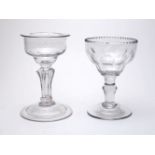A sweetmeat glass, 18th century, the plain pan-topped bowl on a turned pedestal stem and domed and
