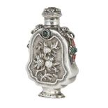 A Chinese silver hardstone set snuff bottle, late 19th century, finely decorated to the body with