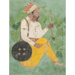 A portrait of a nobleman with bow and arrow, Basohli school, c.1690, shown seated and barefoot,
