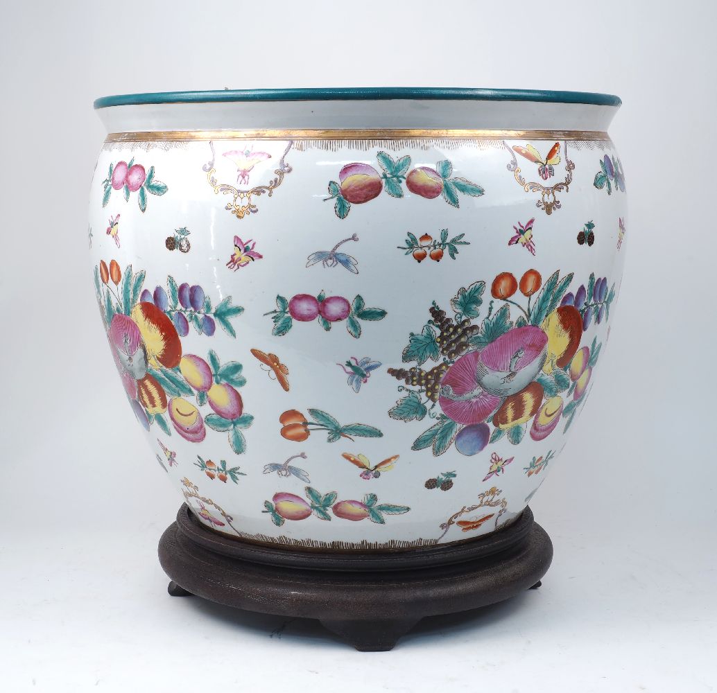 A pair of large Chinese jardinières and stands, 20th century, of recent manufacture, decorated - Image 2 of 2