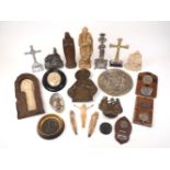 A large group of religious ephemera, 19th century and later, to include; a framed carved faux