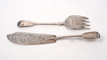 A pair of Victorian silver fish servers, London, c.1855, Chawner & Co., the fiddle pattern stems