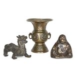 Three Chinese bronzes, late 19th century, with a gu vase cast with birds and archaistic motifs, a