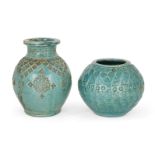 Two Fez vases, 20th century, earthenware, both with impressed decoration, and similar green oxidised