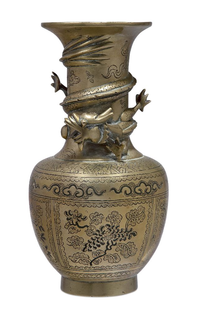 A Chinese bronze vase, early 20th century, the neck encircled by a dragon, above panels of floral