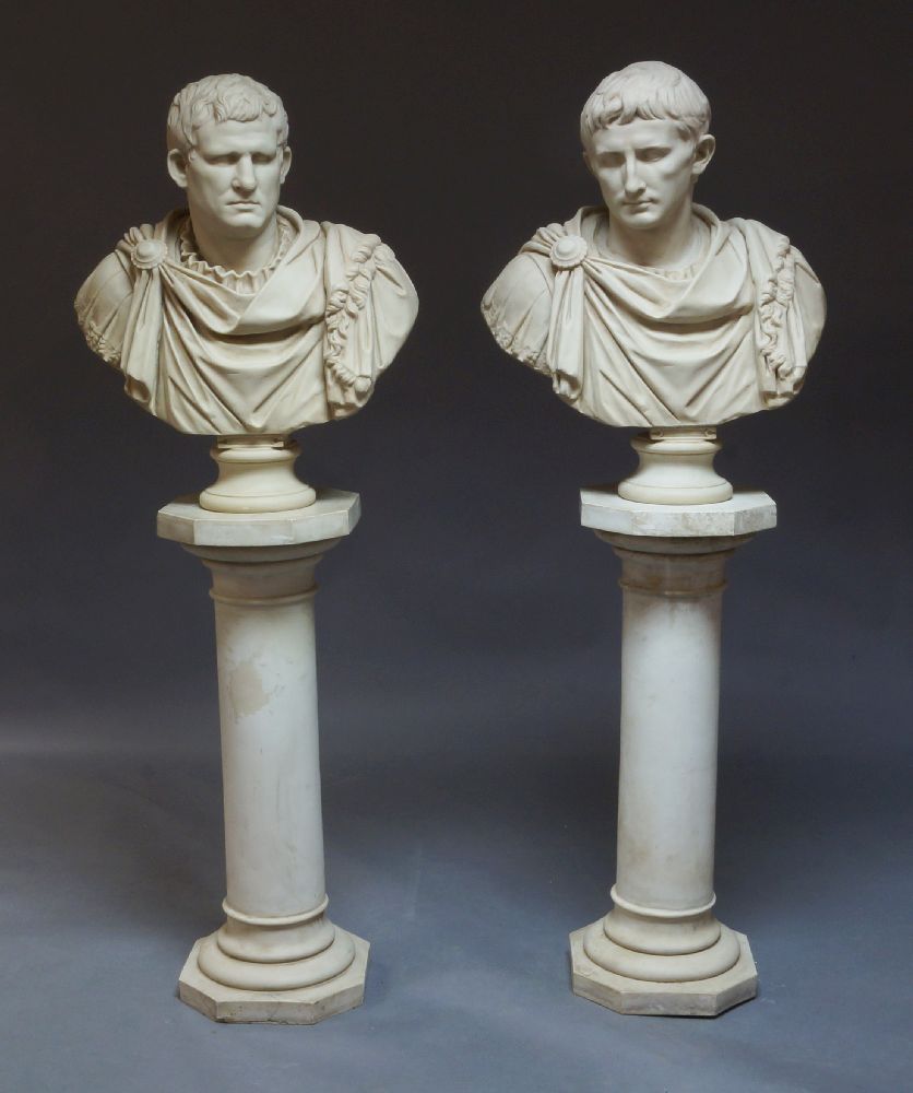 A pair of cast resin busts of Agrippa and Augustus, 20th century, after the Antique, raised on resin