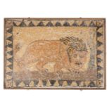 A mosaic panel of a prowling lion, after the antique, 20th century, the border with triangle motifs,