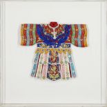 Eight modern miniature silk Chinese style robes, each mounted in a perspex shadow box, 51 x 51cm (