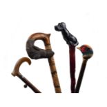 A quantity of walking sticks, 20th century and earlier, of varying materials, shapes and sizes ,
