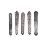 Five French silver needle cases, 19th century, variously designed with striated, floral and