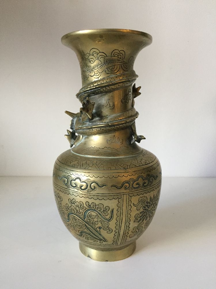 A Chinese bronze vase, early 20th century, the neck encircled by a dragon, above panels of floral - Image 3 of 5