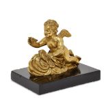 A French gilt-bronze model of a cherub, first half 19th century, depicted floating on a nimbus cloud
