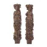 A pair of 17th century style oak caryatid styles, 19th century, carved with figures, masks and