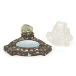 A Chinese rock crystal small vase and cover and a bronze ashtray, early 20th century, the snuff
