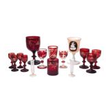 A group of coloured glassware, 19th century, to include an opaline goblet of bell form bowl with