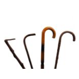 A quantity of walking sticks, 20th century and earlier, of varying materials, shapes and sizes ,