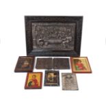 A quantity of religious ephemera, 20th century and later, to include a Greek icon of two saints with