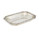 A rectangular serving dish, stamped 835, designed with decorative applied fruit rim and cut corners,