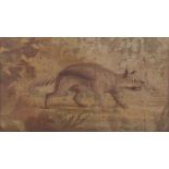 A continental tapestry fragment of a dog, 17th century, in a landscape setting, in later gilt and