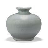 A Chinese porcelain monochrome globular jar, late Qing dynasty, covered in a greyish-white glaze,