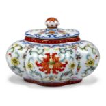 A Chinese porcelain famille rose lobed water pot and cover, the quadrilobed pot painted to the