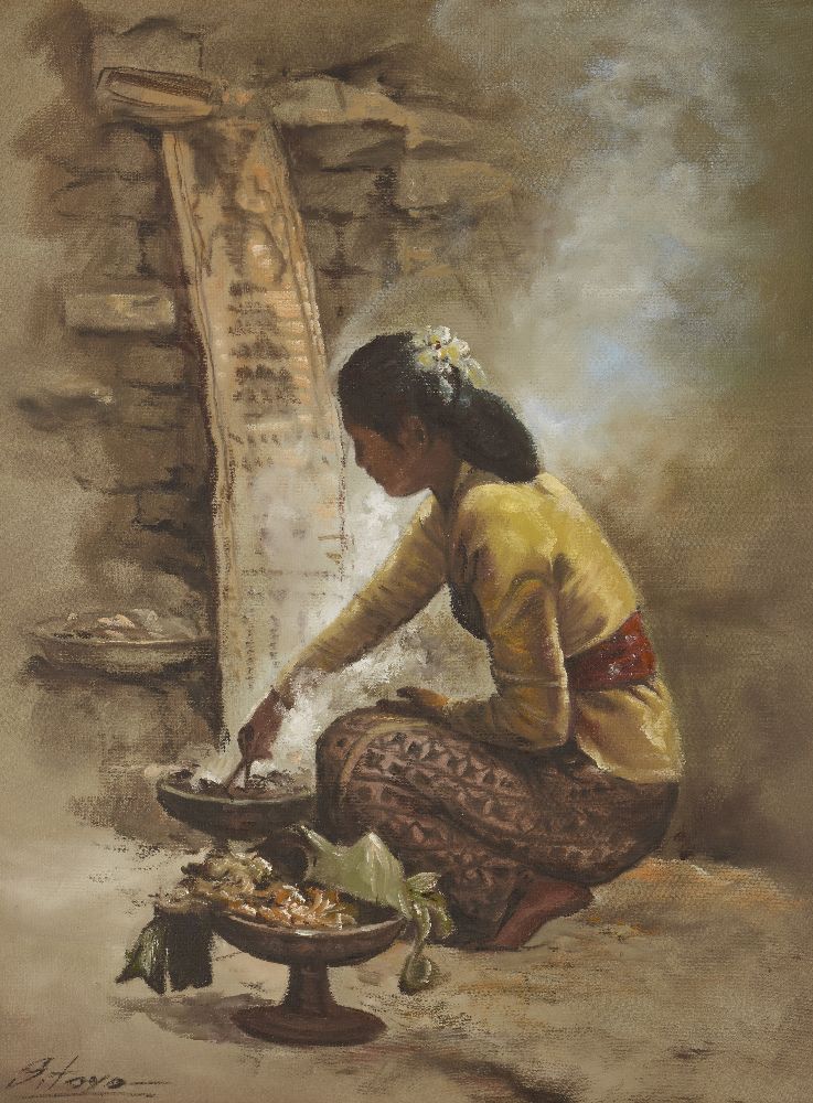 WITHDRAWN S. Toyo, Indonesian, 1935-2000, oil on canvas, woman cooking on coals, signed, 65 x 50cm