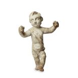 An Italian painted wood model of a cherub, 18th/19th century, with applied canvas sash, lacking