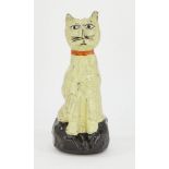 A Clementina Van Der Walt studio pottery cat, hand-built earthenware with slip painted design,