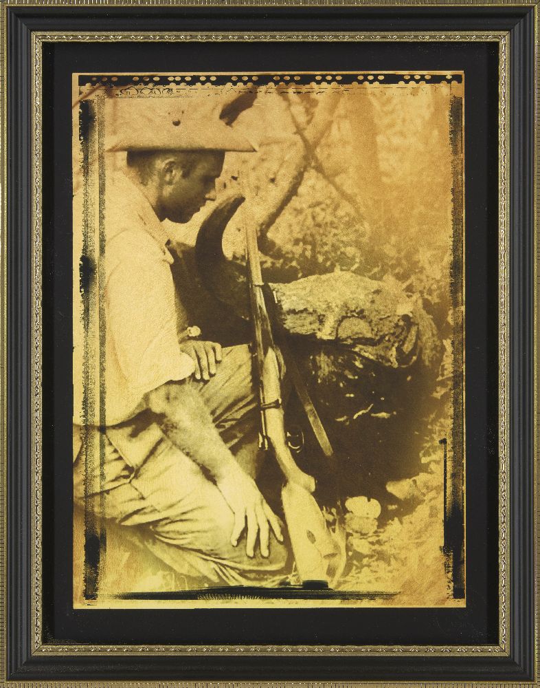 Four sepia-toned reproduction prints of vintage photographs depicting big game hunters, 28 x 20. - Bild 2 aus 6