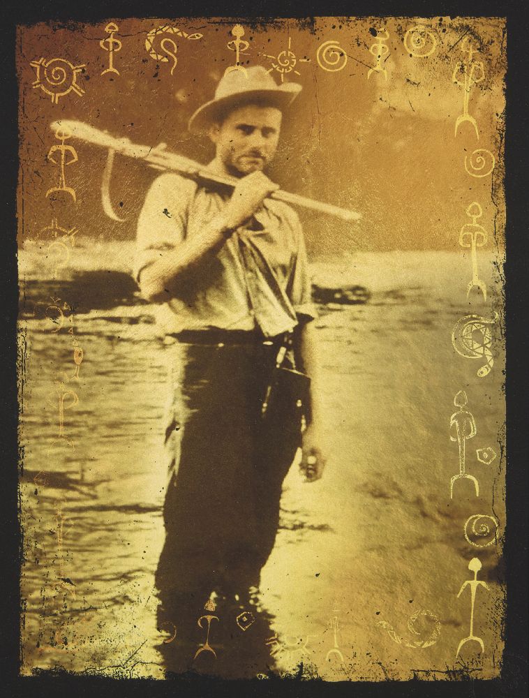 Four sepia-toned reproduction prints of vintage photographs depicting big game hunters, 28 x 20.