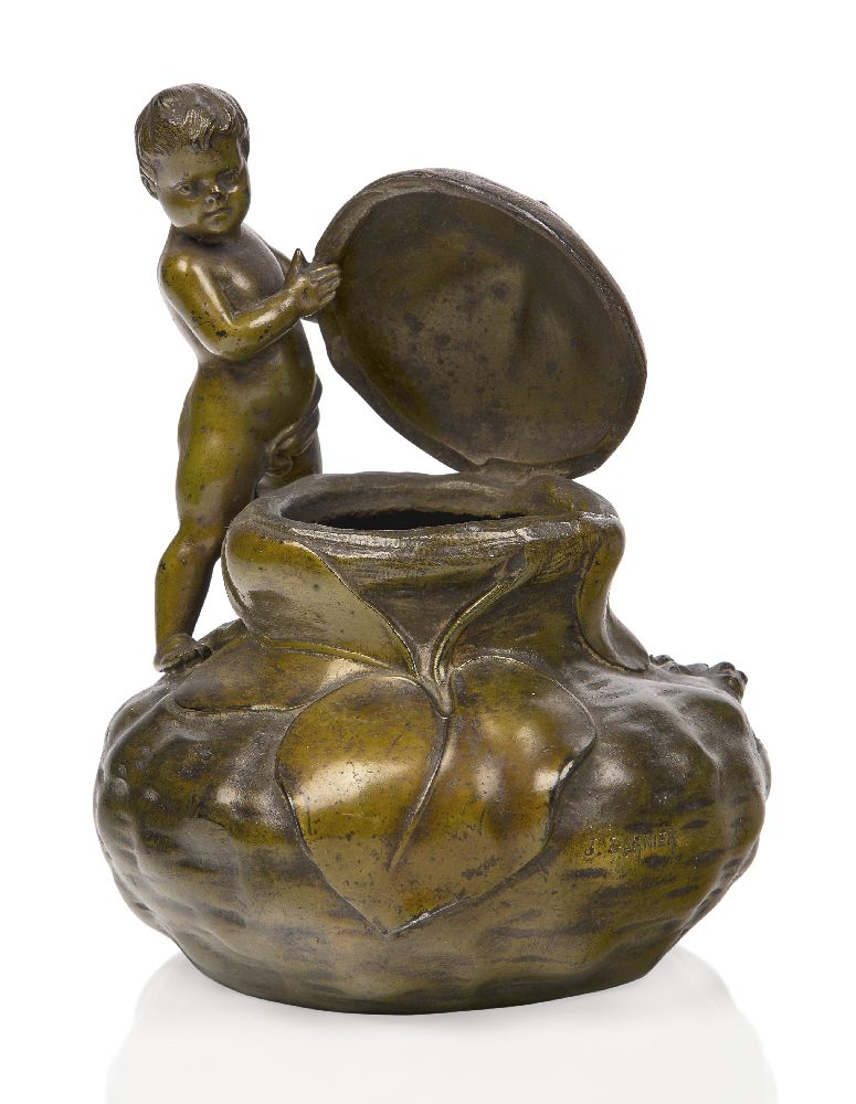 J. Garnier (French 1853-1910), a metal figural vase patinated to simulate bronze, c.1890, signed