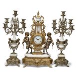 A white marble and gilt metal three piece clock garniture, early 20th Century, the clock case