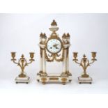 A French gilt-bronze mounted marble clock garniture, late 19th century, the dial signed Le Roy,