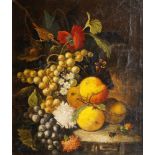 Circle of Jan Frans van Dael, Flemish 1764-1840- Still life of peaches and grapes on a ledge with