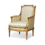 A French bergere, 19th century, with moulded crest rail, silk upholstered back, padded arms,