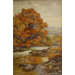 Mary S Hagarty, British fl.1882-1938- Autumnal river landscape with distant hills; watercolour,