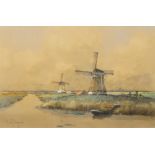 Marinus Johannes de Jongere, Dutch 1912-1978- Landscape with windmills; pencil, watercolour, and